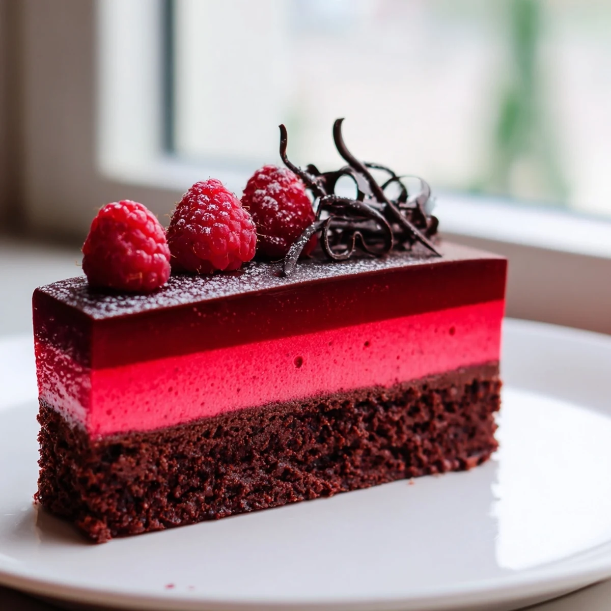 Tall slice of raspberry chocolate mousse cake showing glossy layers on a dessert plate