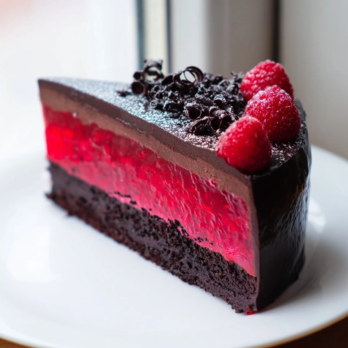 Heavenly raspberry chocolate mousse cake topped with fresh berries and chocolate curls