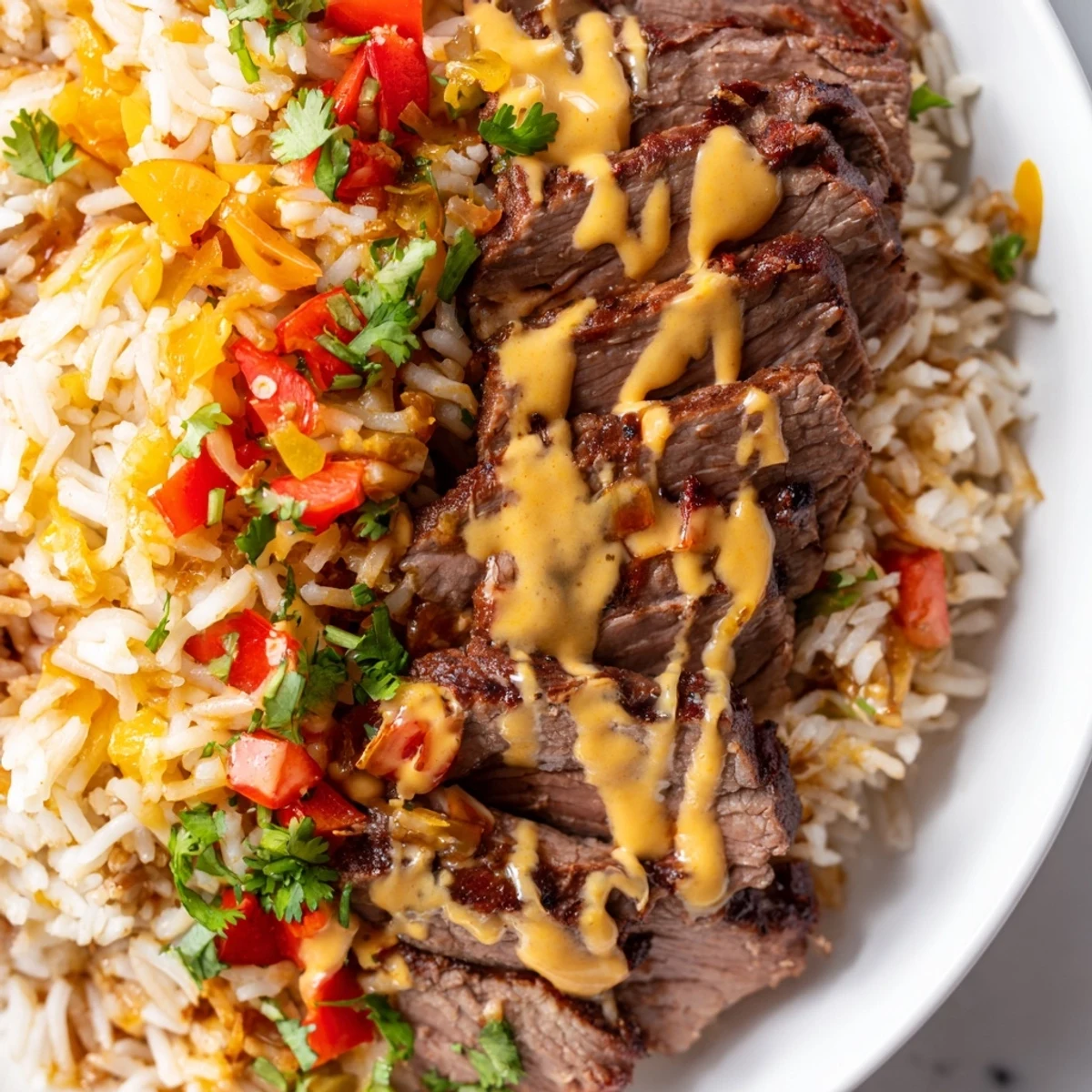 Steak queso rice in a bowl with tender beef peppers and golden seasoned grains