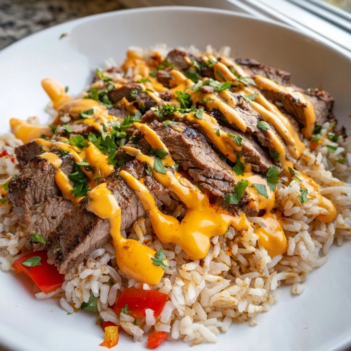 Creamy steak queso rice topped with melted cheese and fresh cilantro in a skillet
