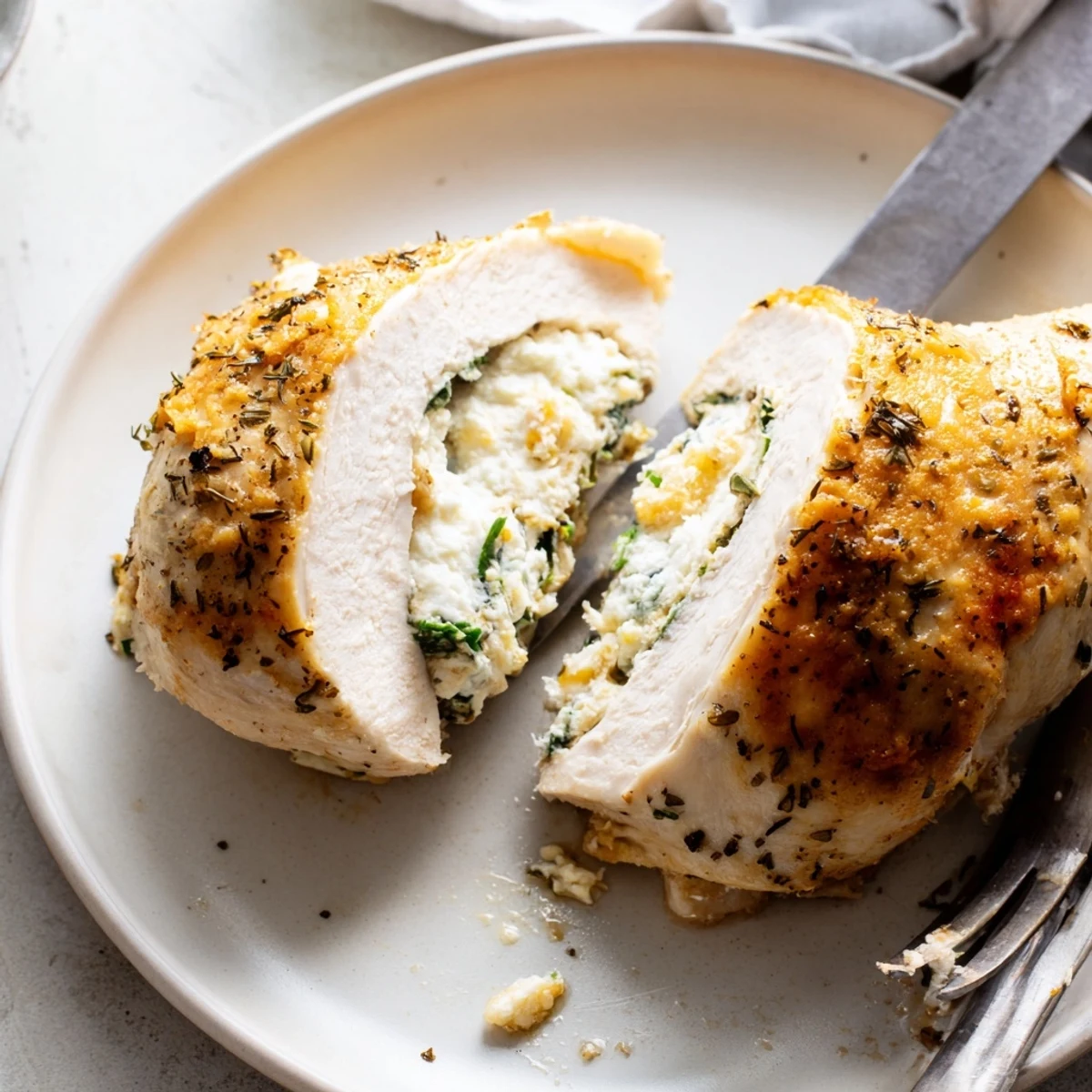 Golden goat cheese chicken sliced open to reveal a creamy herb-studded filling on a rustic plate