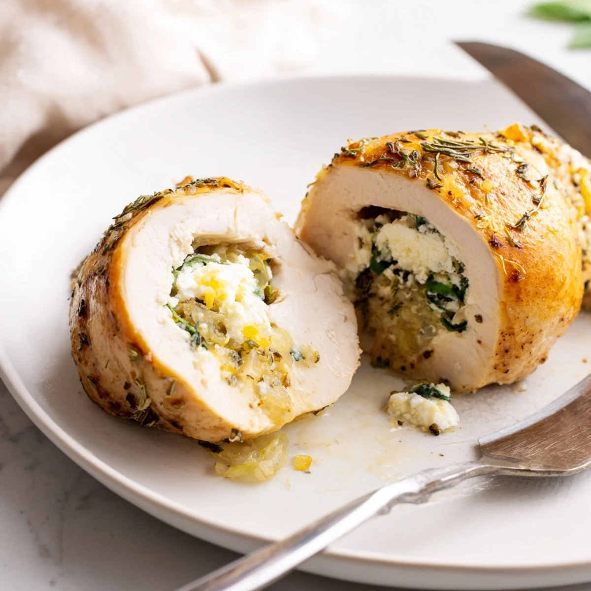 Juicy goat cheese chicken breasts topped with fresh basil and served alongside roasted vegetables