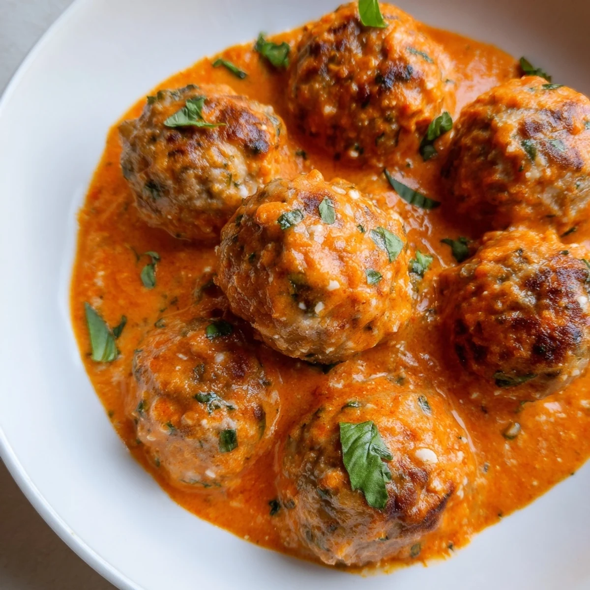 Creamy tomato basil meatballs glistening in a velvety red sauce with fresh herb garnish
