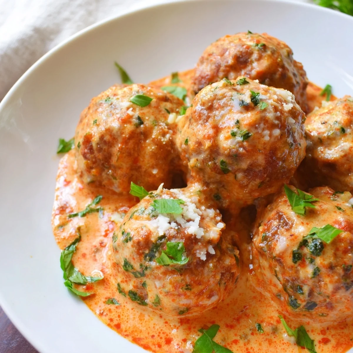 Golden-baked meatballs nestled in a creamy tomato basil sauce topped with torn basil leaves