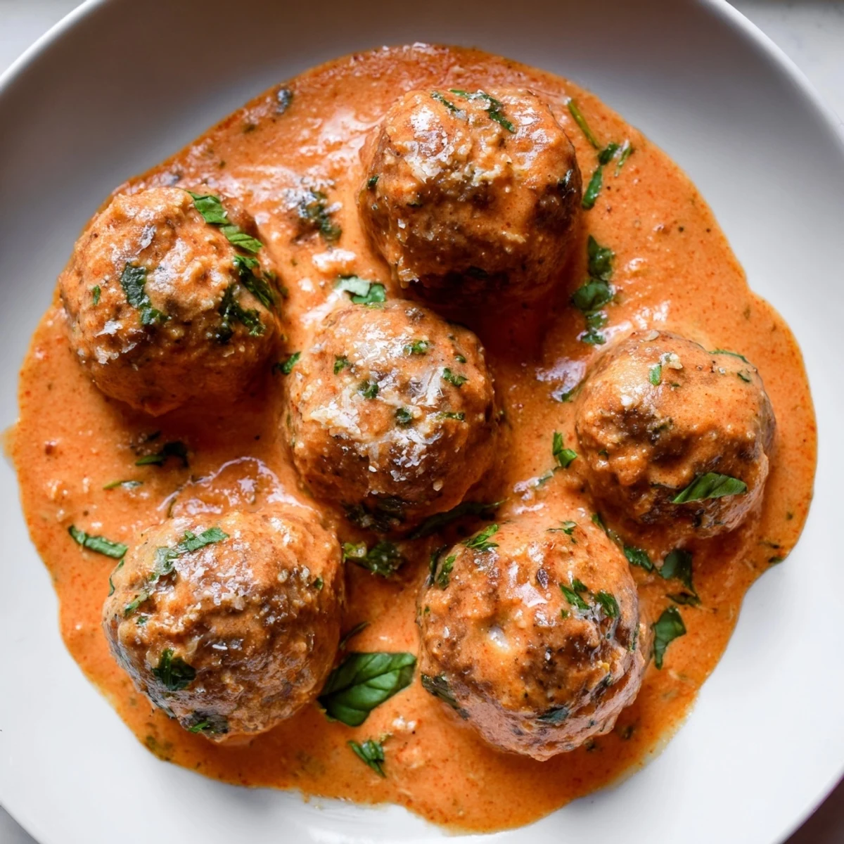 Creamy tomato basil meatballs bubbling in a rich, crimson sauce ready for serving
