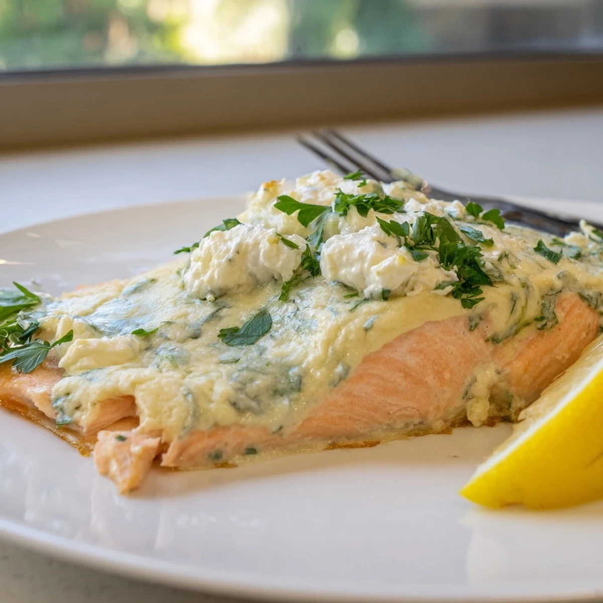 Creamy Boursin salmon fillets baked golden with fresh herbs and lemon zest