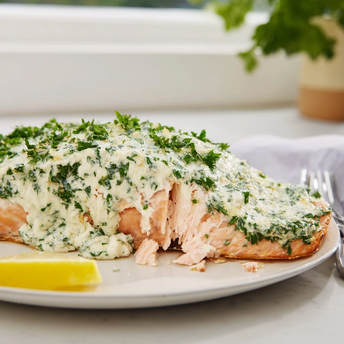 Boursin salmon topped with melted garlic herb cheese on a parchment-lined baking sheet