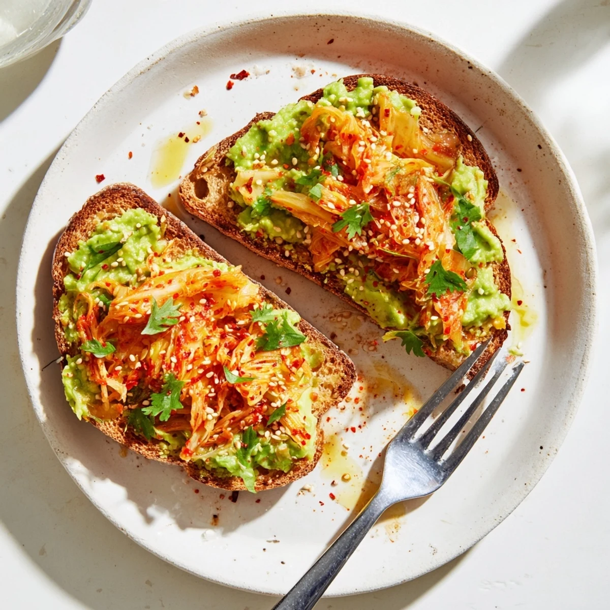 Creamy mashed avocado and spicy kimchi piled high on golden sourdough toast