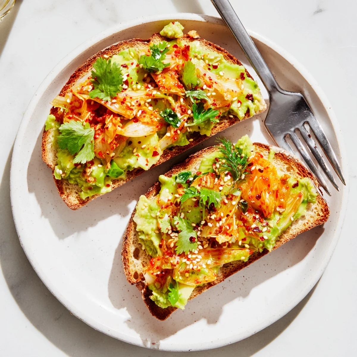 Crispy toasted bread layered with smooth avocado and vibrant red Korean kimchi