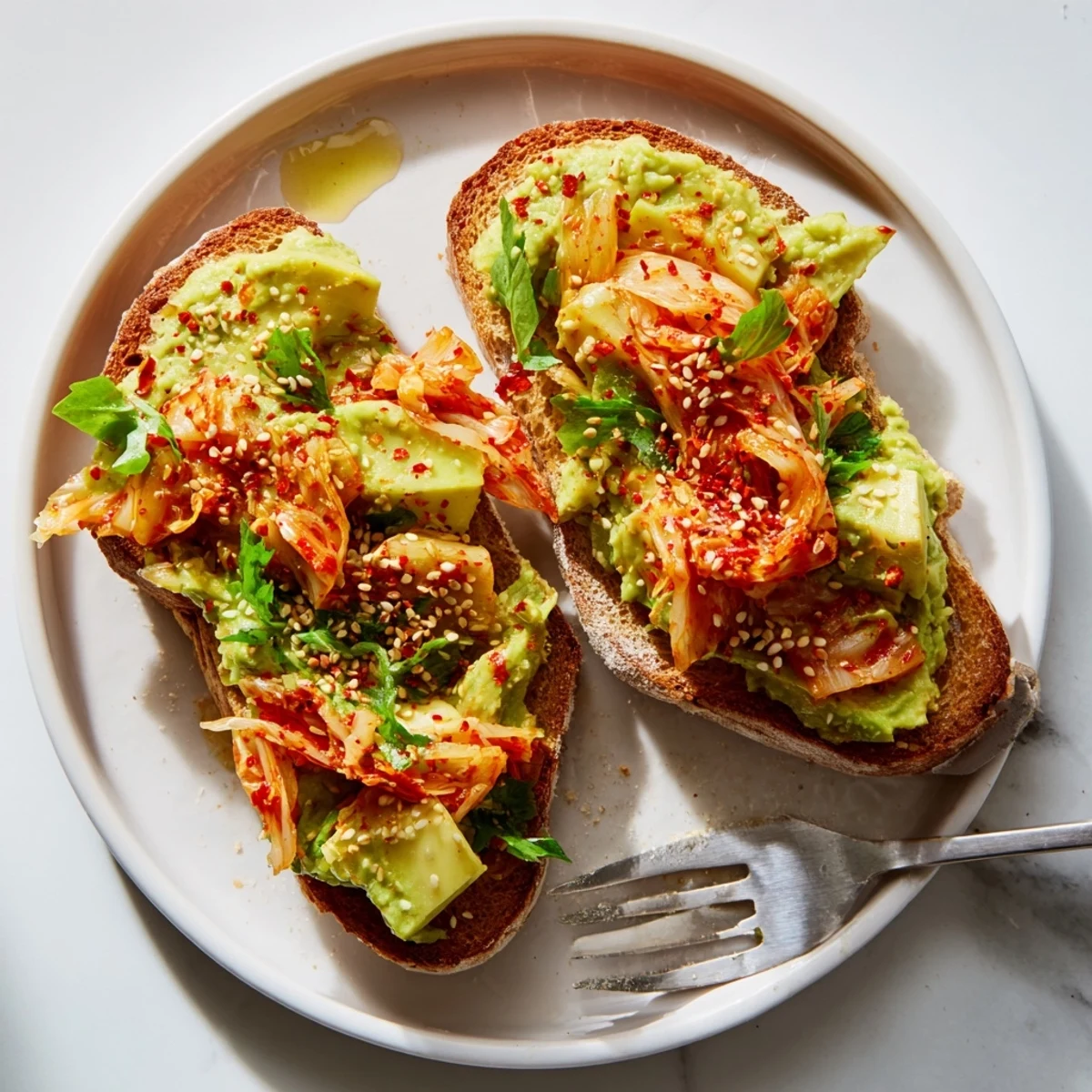 Kimchi avocado toast topped with sesame seeds and bright green cilantro leaves