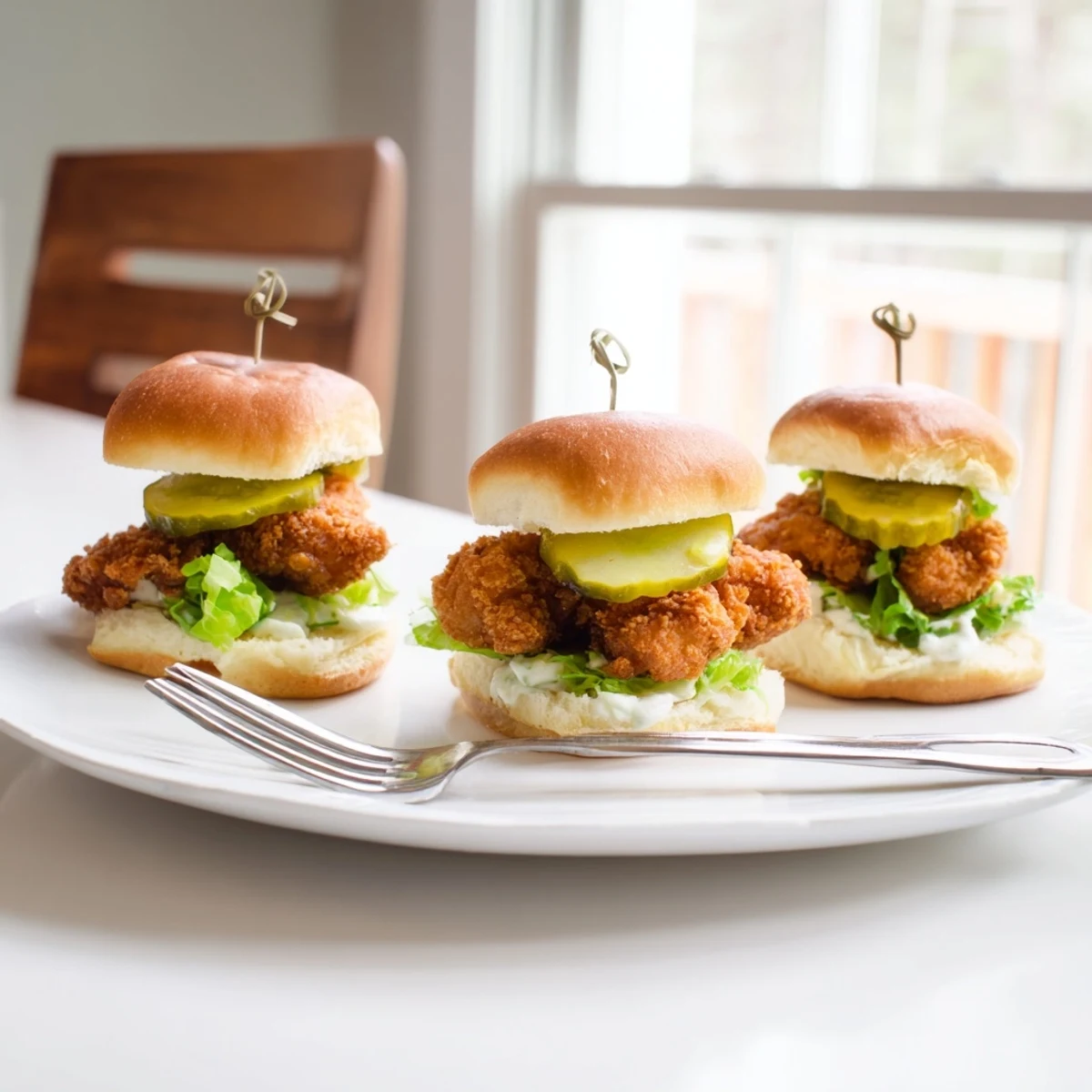 Crunchy pickle brined fried chicken sliders served on toasted buns dripping with creamy mayo