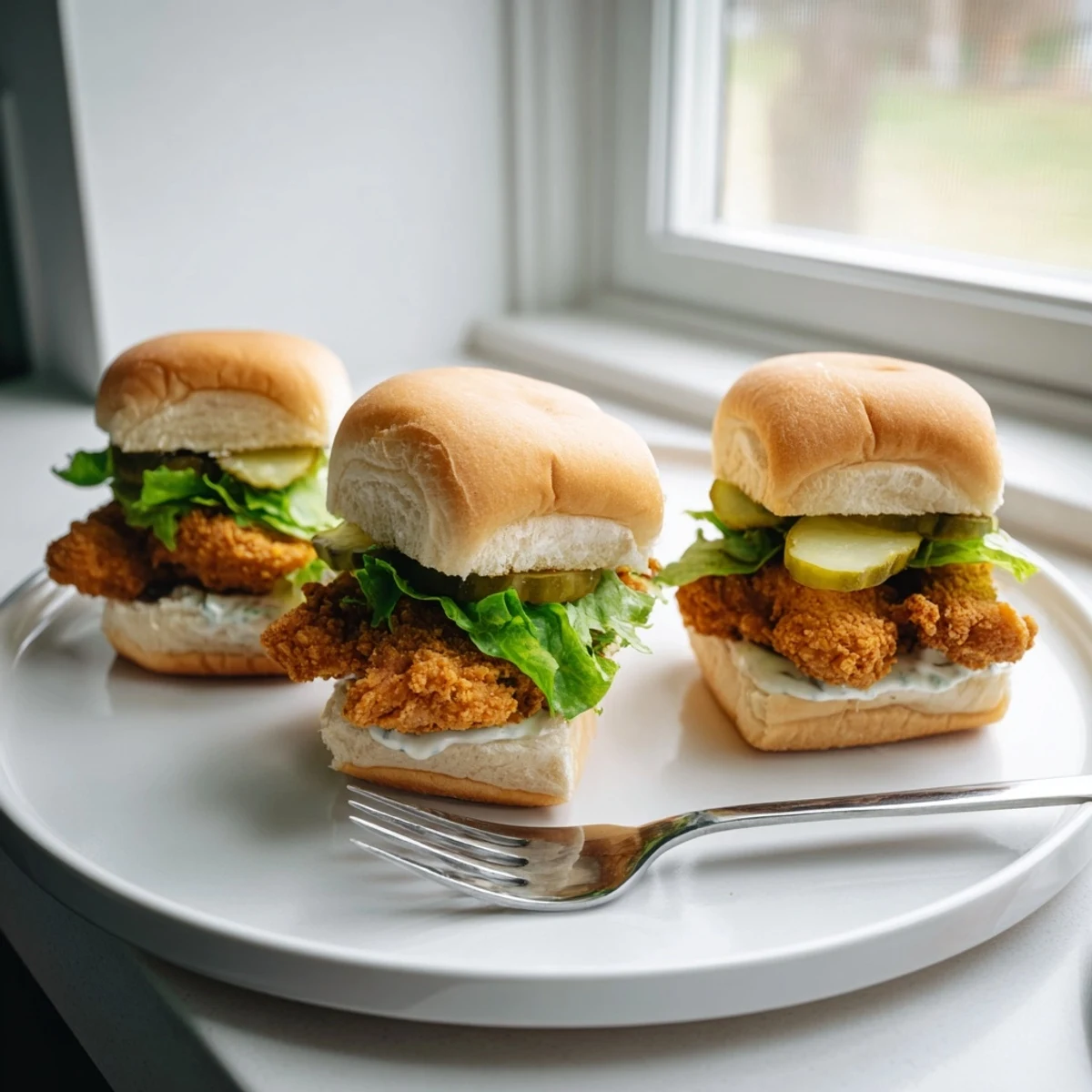 Crispy golden pickle brined fried chicken sliders stacked on soft buns with pickles and lettuce