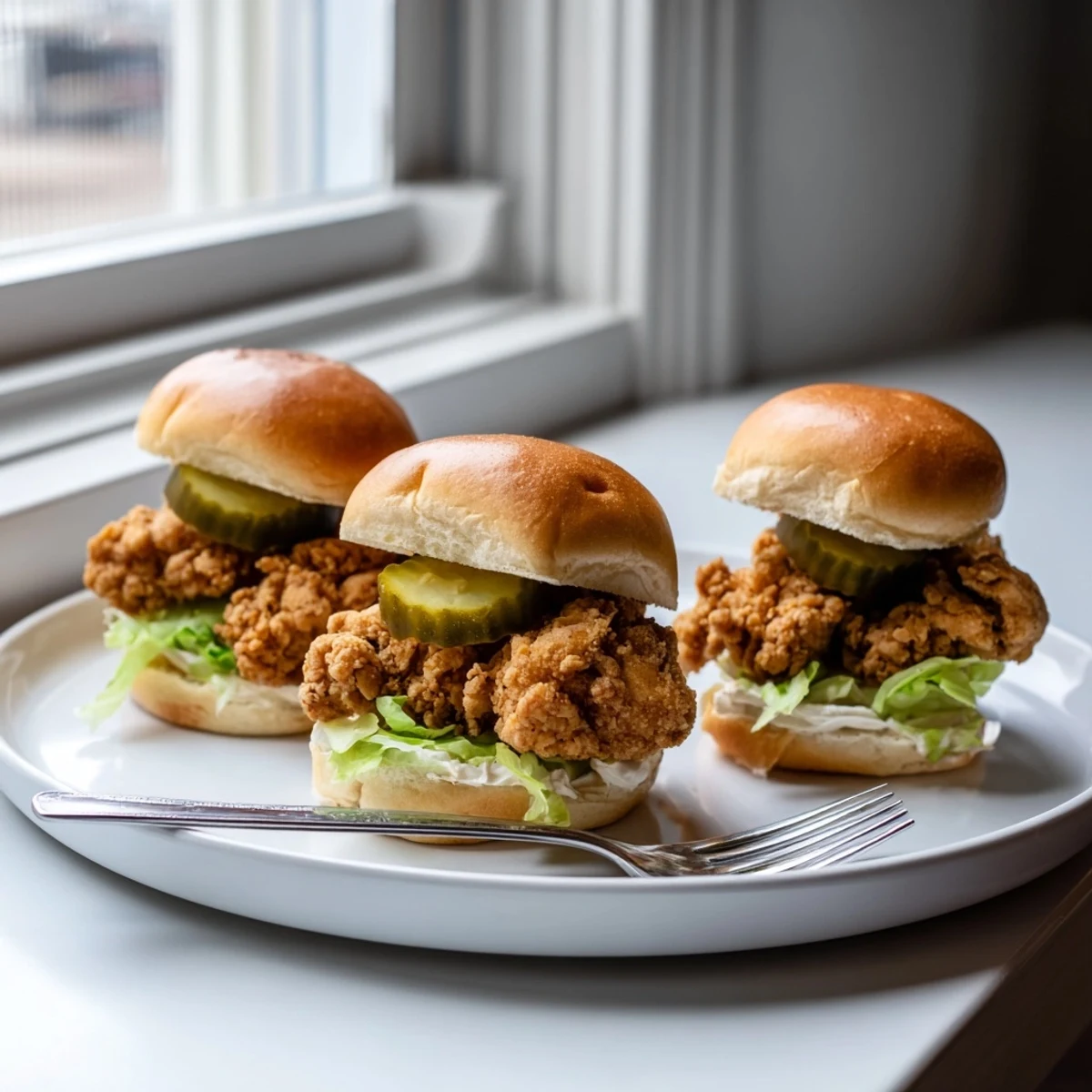 Mini slider buns loaded with juicy pickle brined fried chicken fresh lettuce and dill pickle chips