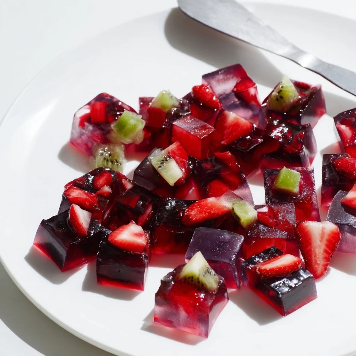 Glossy collagen fruit jellies in vibrant jewel-toned cubes dusted with powdered sugar