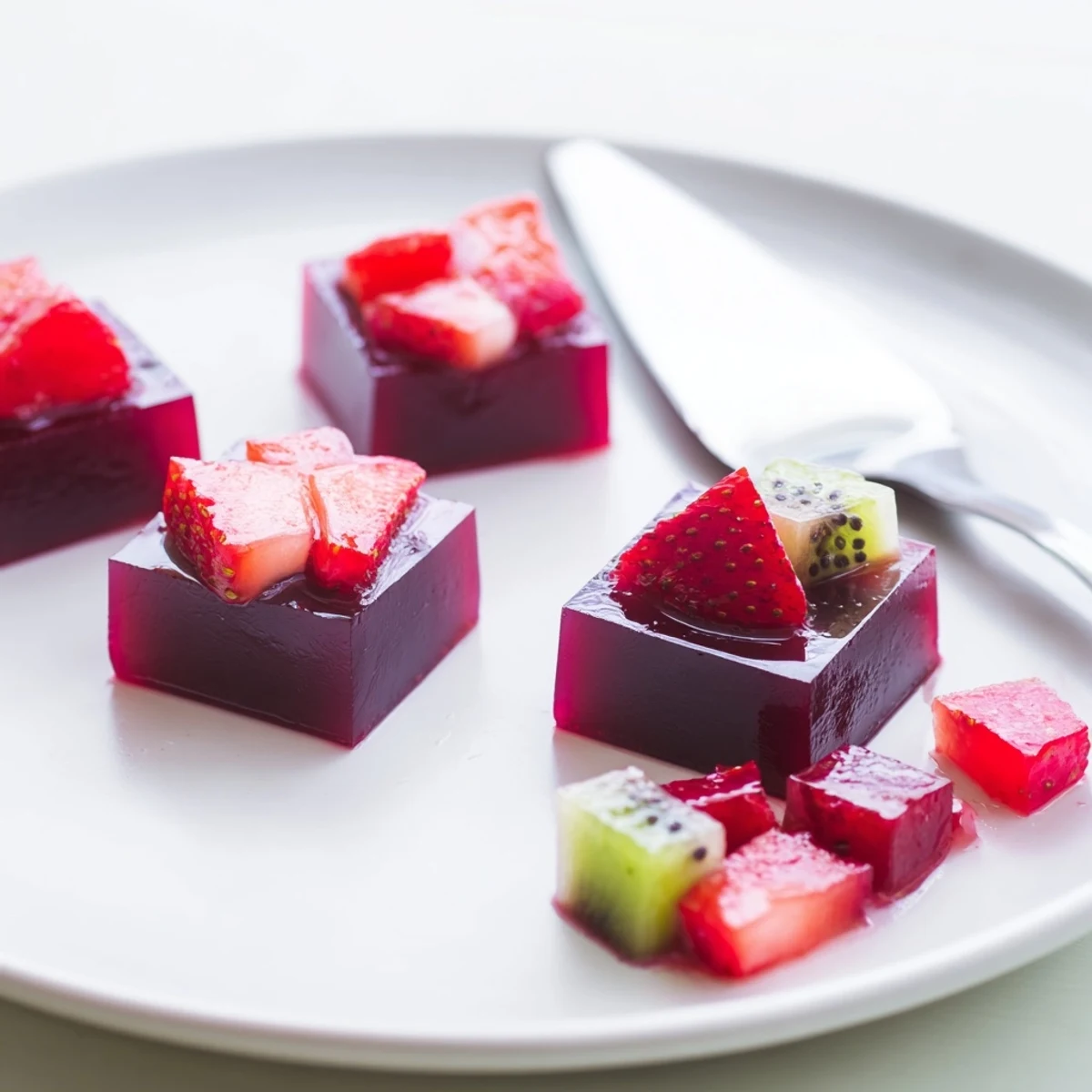 Colorful collagen fruit jellies topped with fresh berries on a rustic wooden board