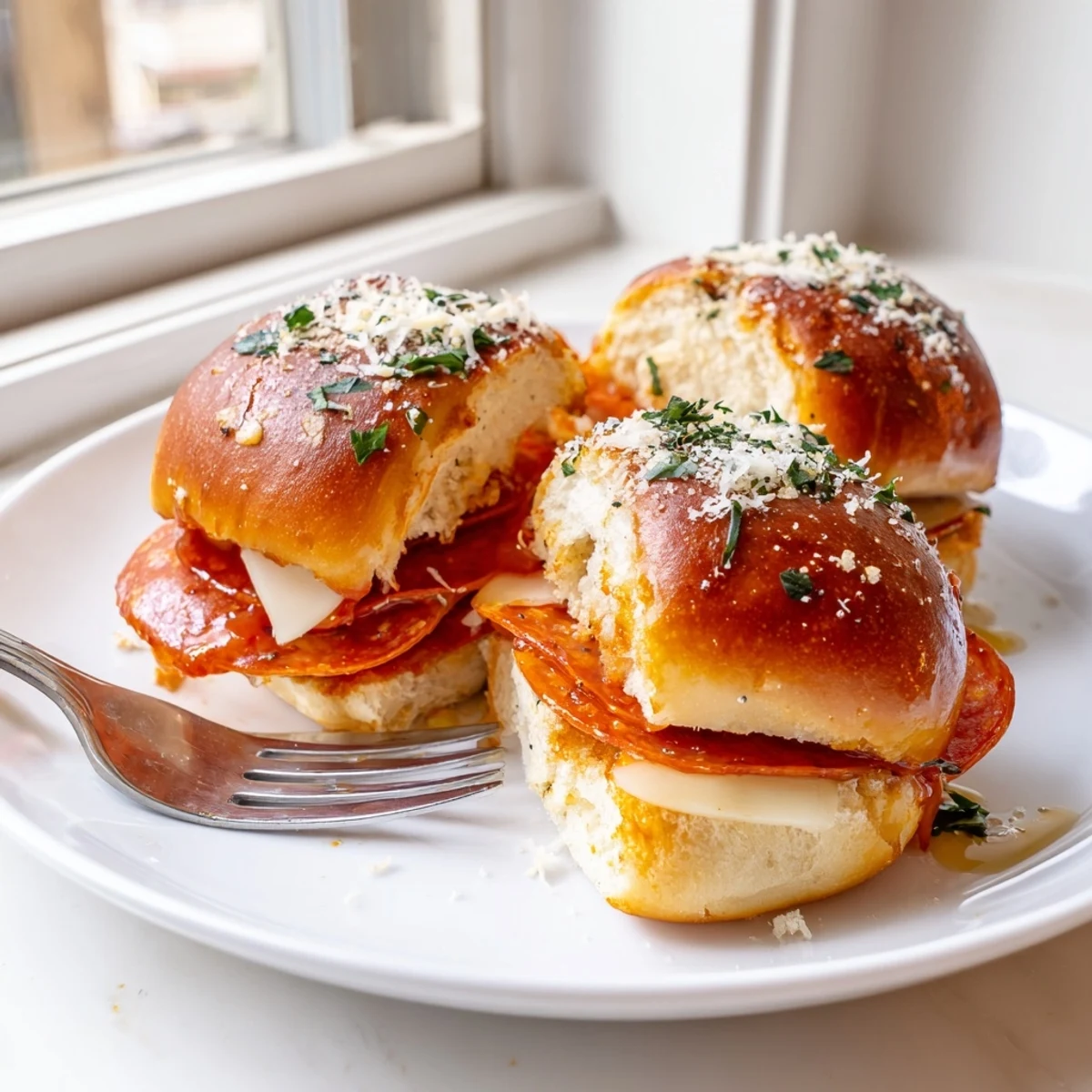 Golden Hot Honey Pepperoni Pizza Sliders with gooey melted mozzarella and spicy-sweet honey drizzle
