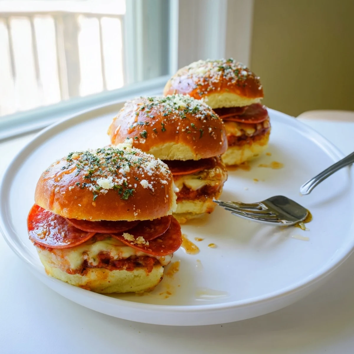 Hot Honey Pepperoni Pizza Sliders fresh from the oven with bubbling cheese and pepperoni