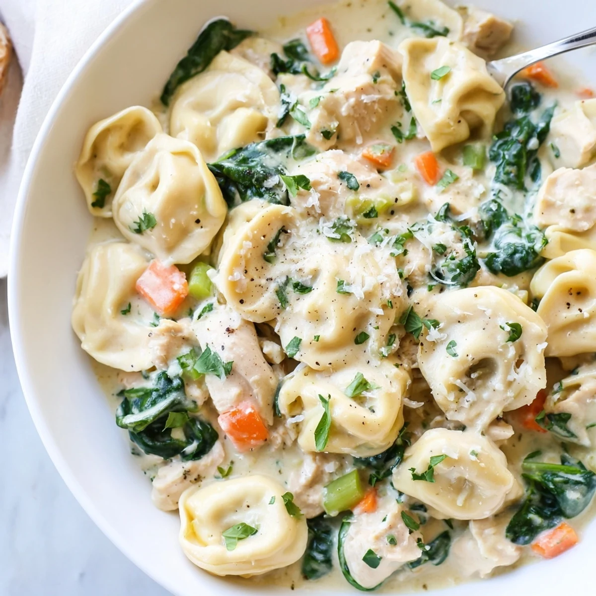 Crockpot chicken tortellini in creamy sauce topped with Parmesan and fresh parsley