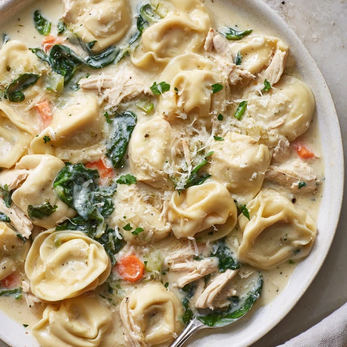 Creamy crockpot chicken tortellini with tender vegetables and melted cheese in bowl