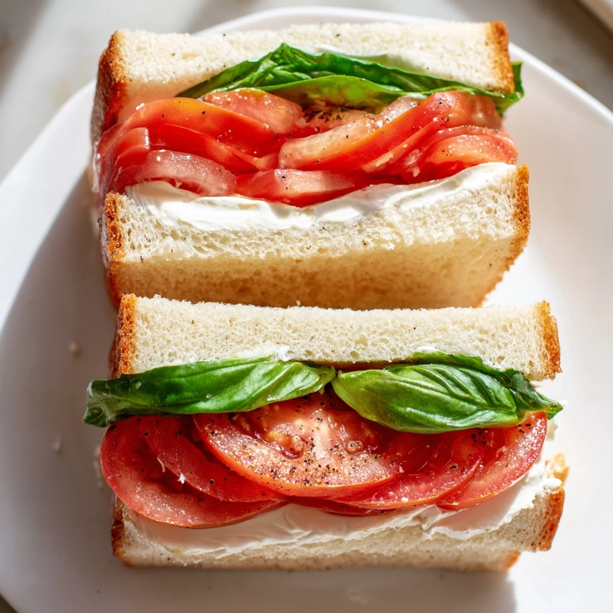 Classic tomato sandwich layered with basil and seasoned sliced tomatoes