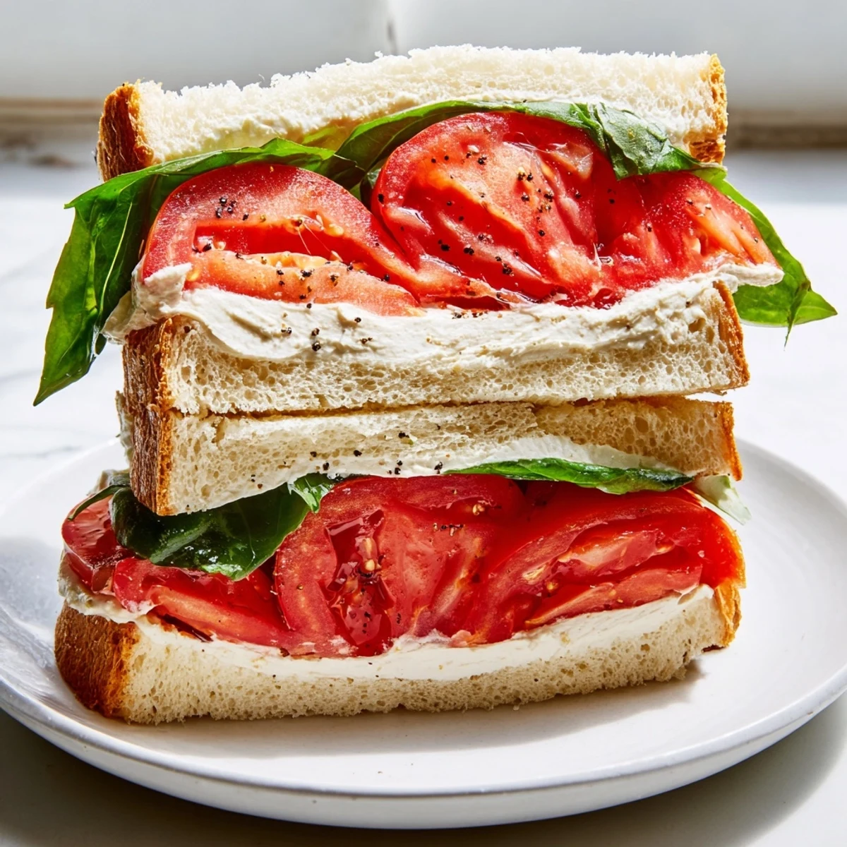 Thick cut tomato sandwich spread with mayo on golden sourdough bread