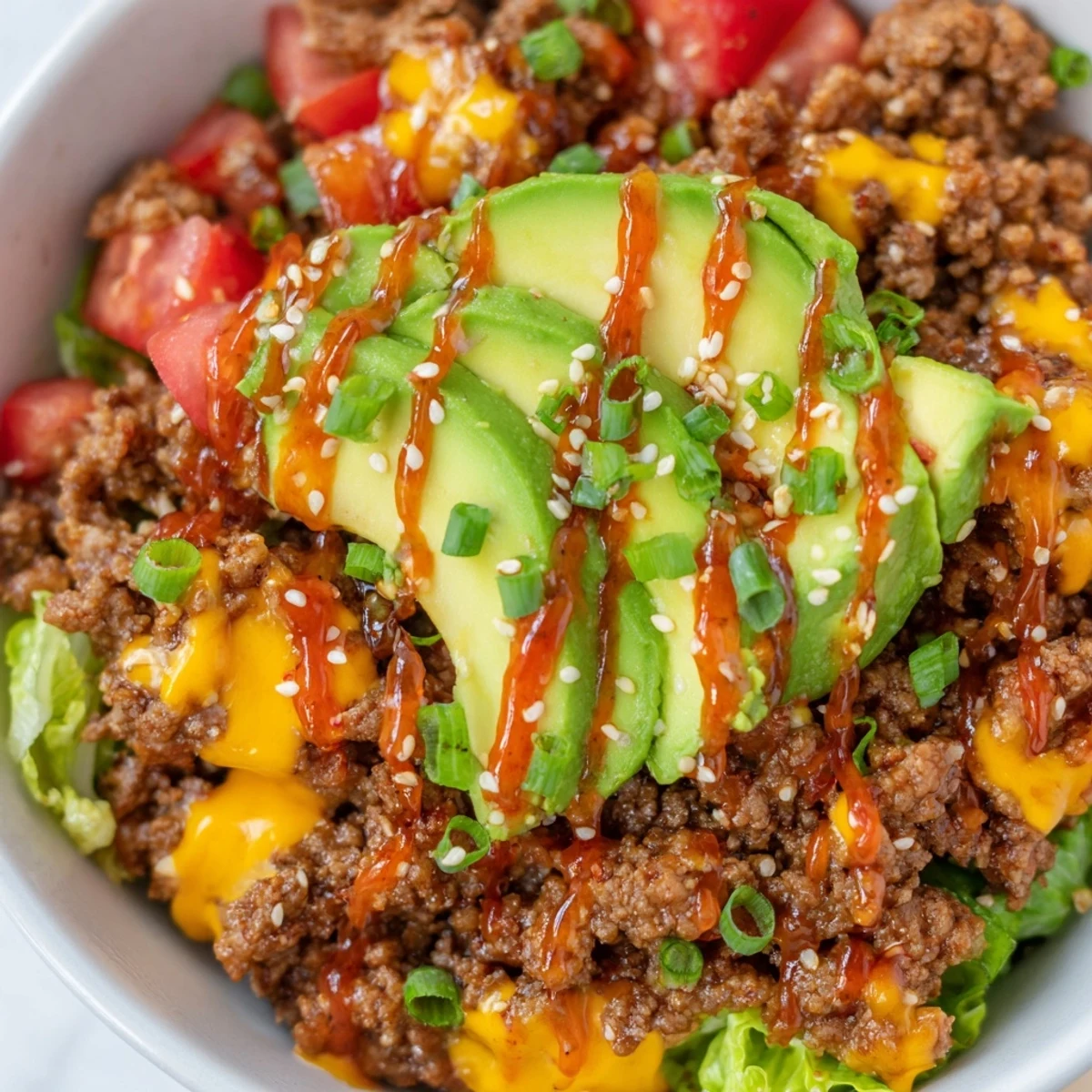 Colorful burger bowls with seasoned beef, melted cheddar, and fresh avocado slices