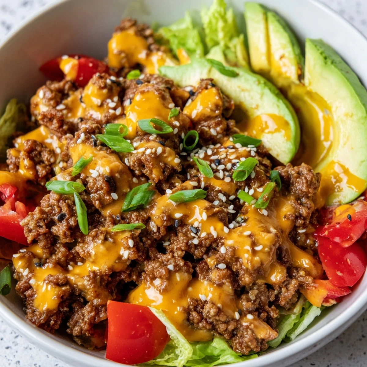 Juicy ground beef burger bowls topped with crisp lettuce and tangy pickles