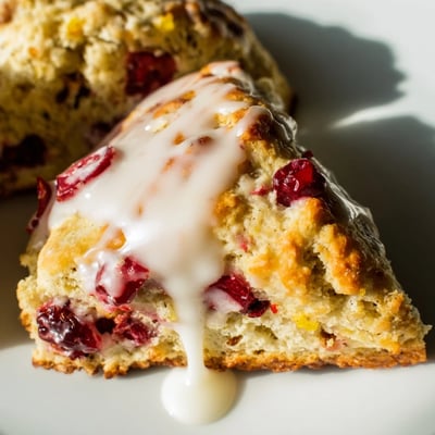 Glazed Cranberry Orange Scones served on a white plate with a cup of coffee for a cozy breakfast spread.