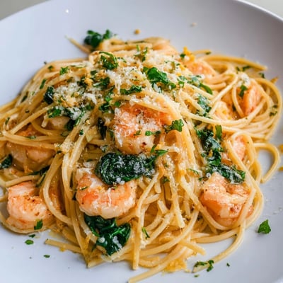This easy 30-minute Italian-American dinner features plump pink shrimp, al dente spaghetti, and wilted spinach in a glossy lemon sauce.