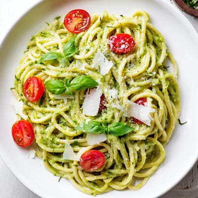 A vibrant bowl of Creamy Avocado Lime Pasta with Cherry Tomatoes, served warm with extra Parmesan and a lime wedge.