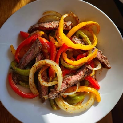 Beef Fajita Skillet with peppers and onions sizzling in a cast iron pan topped with cilantro.