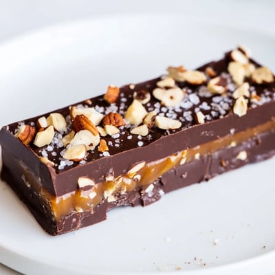 Freshly made Chocolate Bars with Caramel and Nuts on a rustic plate, ready to serve as a decadent treat.