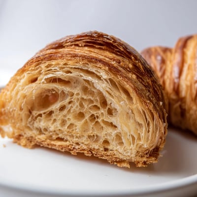A close view of gluten-free croissants highlights buttery spirals and a light, airy interior.