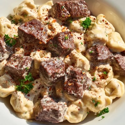 Garlic steak tortellini plated in a skillet, garnished with fresh parsley and extra Parmesan cheese.