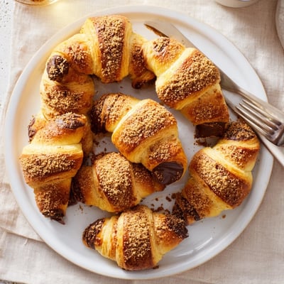 Warm Smores Crescent Rolls served on a plate, golden brown and ready to enjoy with a cold glass of milk for dipping.