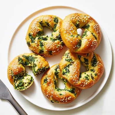 A close view of warm spinach cottage cheese flagels reveals a moist, tender crumb and visible flecks of fresh green spinach inside.