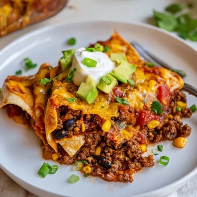 Topped with cilantro, sour cream, and avocado, Beef Skillet Enchiladas served warm