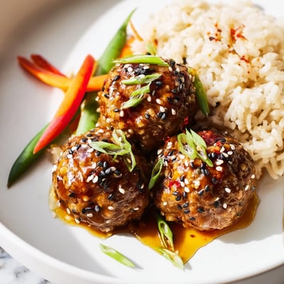 Pan baked Hello Fresh Firecracker Meatballs tossed in spicy sweet sauce, scallion garnish