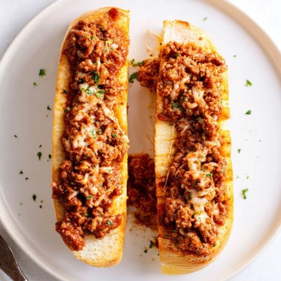 Crispy garlic-toasted loaf sliced and filled with Garlic Bread Sloppy Joes.