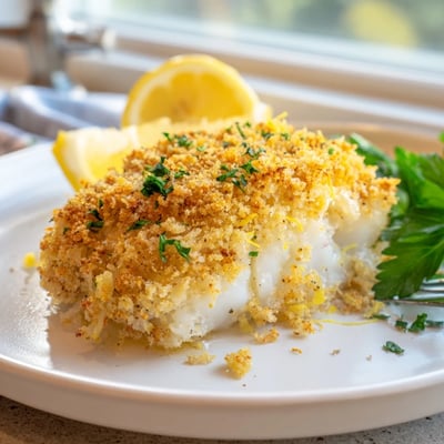 Oven-hot Boston Baked Cod topped with buttery parsley crumbs, lemon wedge