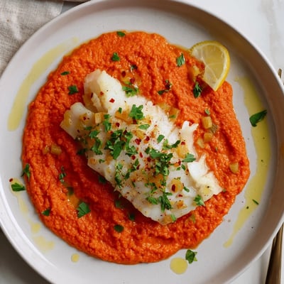 Nestled Cod In Roasted Red Pepper Sauce, silky sauce spooned over flaky fish.
