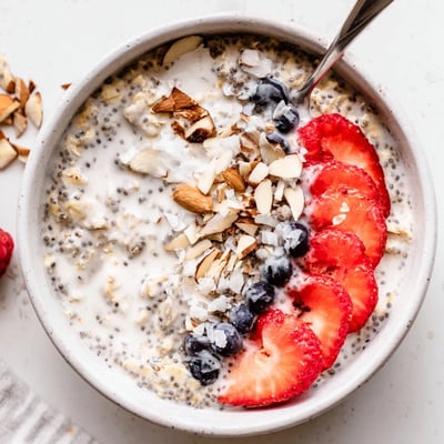 Healthy Coconut Cream Overnight Oats chilling in a jar, drizzled with extra coconut cream.  