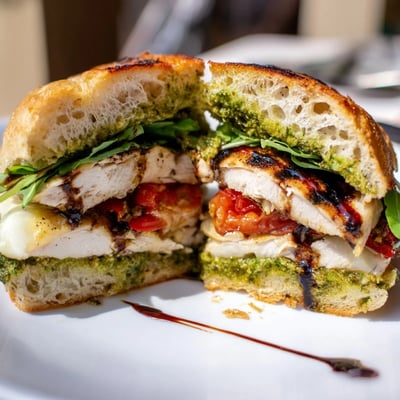 Close-up of Grilled Chicken Pesto Sandwich with charred grill marks and balsamic drizzle