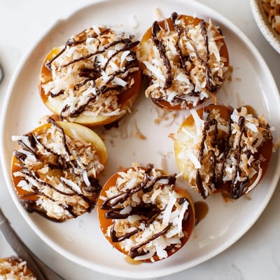 Close-up of Samoa Apple Slices with glossy chocolate drizzle and flaky sea salt