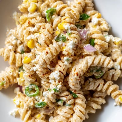 Bowl of elote pasta salad with charred sweet corn and tangy lime dressing