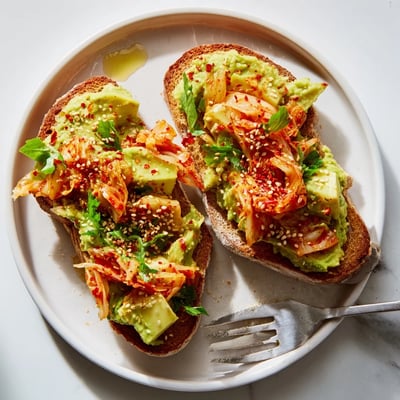 Kimchi avocado toast topped with sesame seeds and bright green cilantro leaves